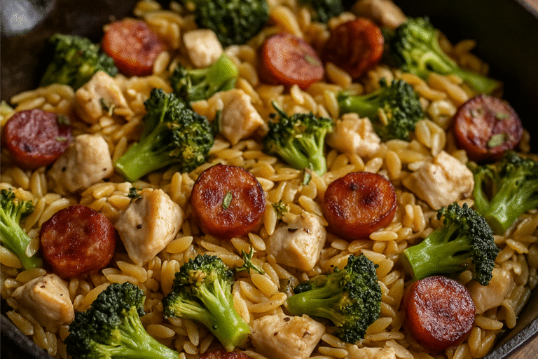 Easy One-Pan Chicken Sausage Broccoli Orzo