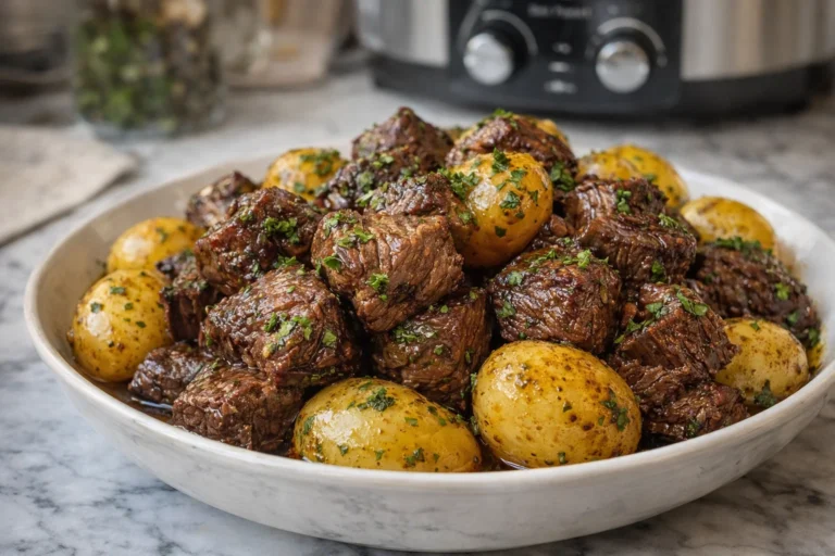 Crockpot Garlic Butter Beef Bites with Potatoes A Simple Healthy Dinner Recipe