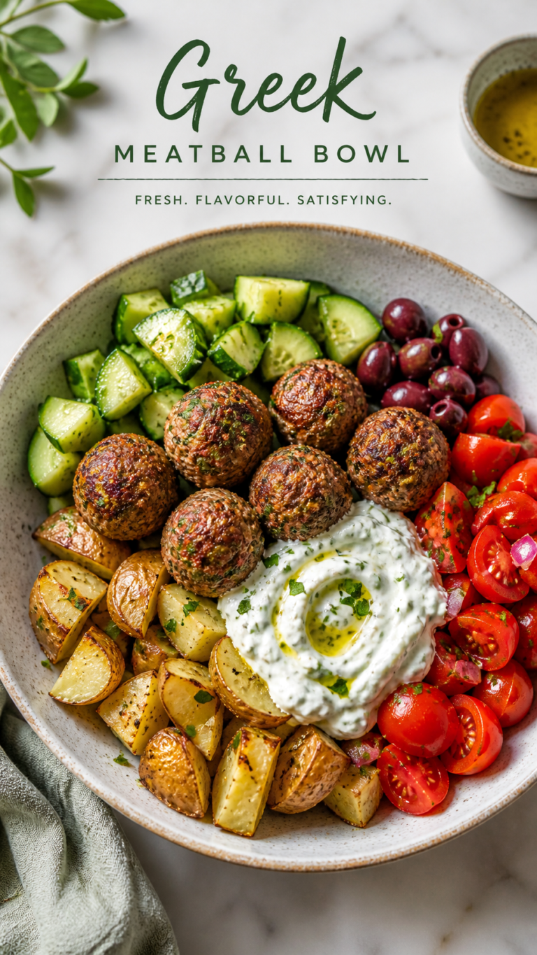 Healthy Mediterranean Bowl with Meatballs, Tzatziki, Roasted Potatoes  Veggies