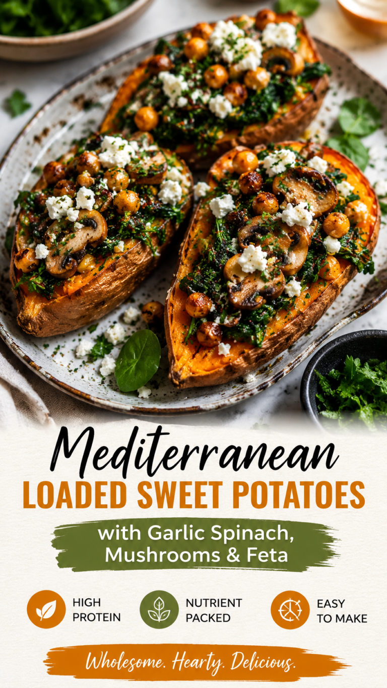 Mediterranean Loaded Sweet Potatoes with Spinach, Mushrooms  Feta Dinner Recipe
