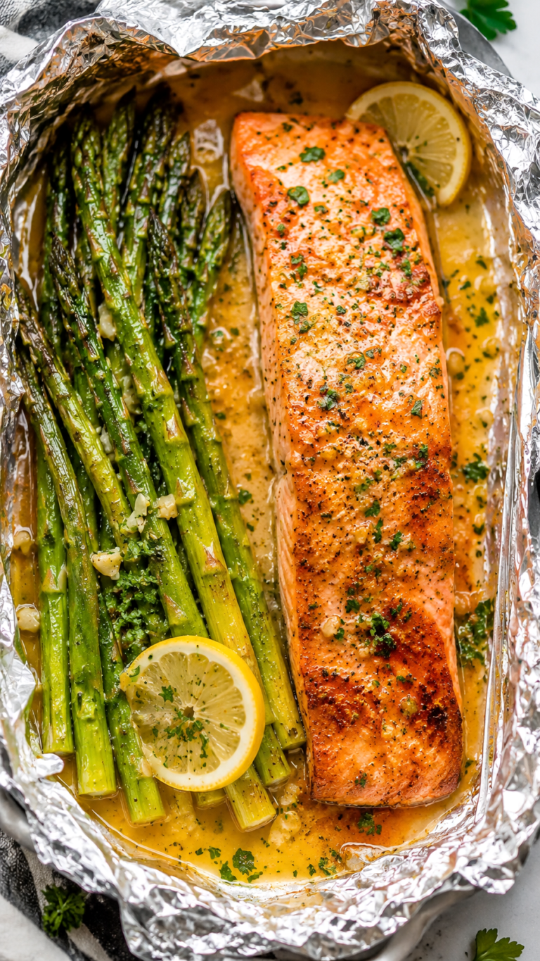 Easy Garlic Butter Salmon and Asparagus Foil Pack Dinner Recipe Healthy Meal Idea