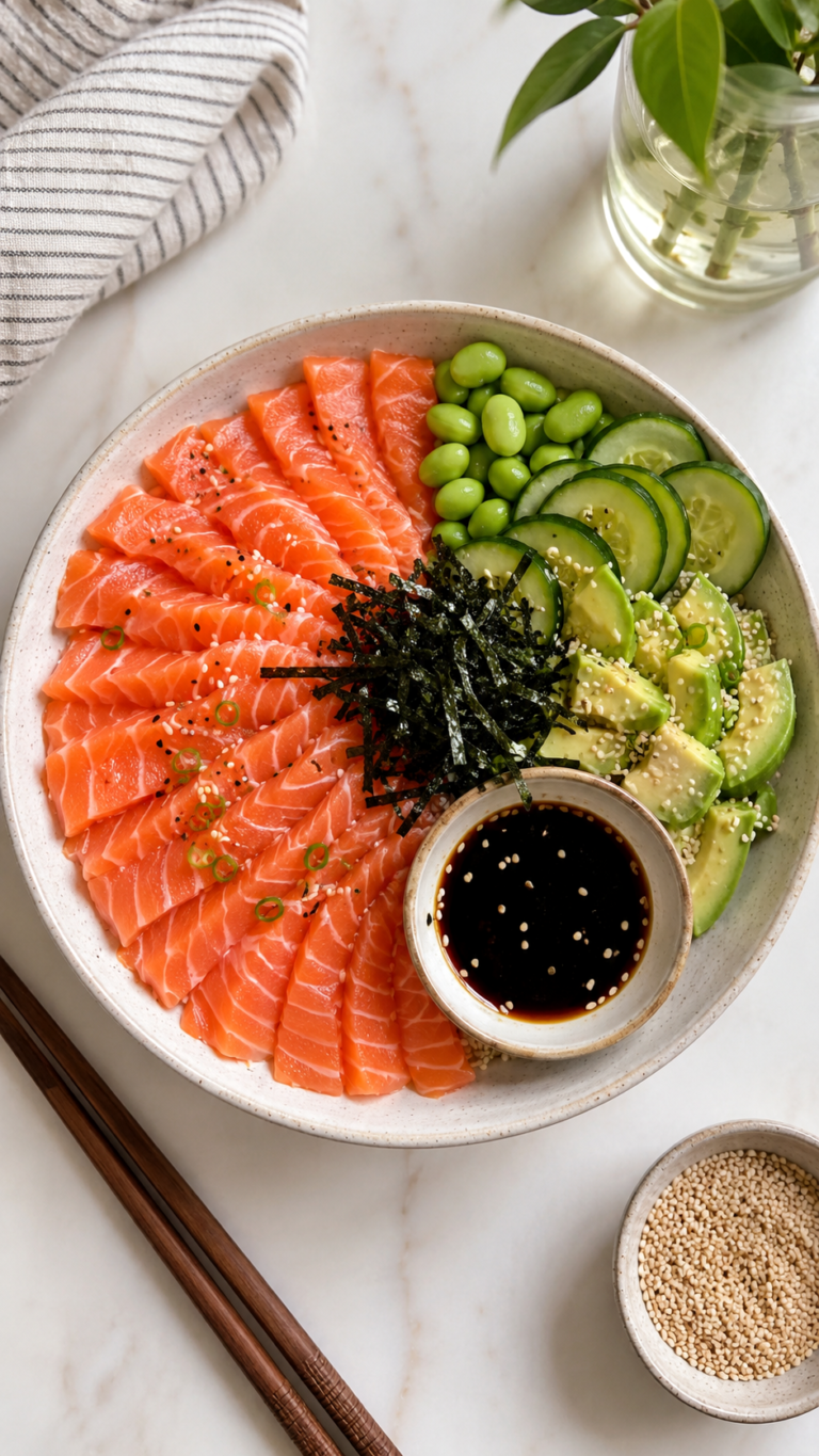 Healthy Salmon Sashimi Bowl Recipe with Cucumber Salad and Soy Sauce High Protein Meal